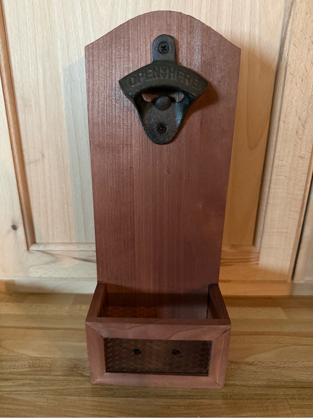 Wall-Mount Bottle Opener with Brown Wood Catch Tray